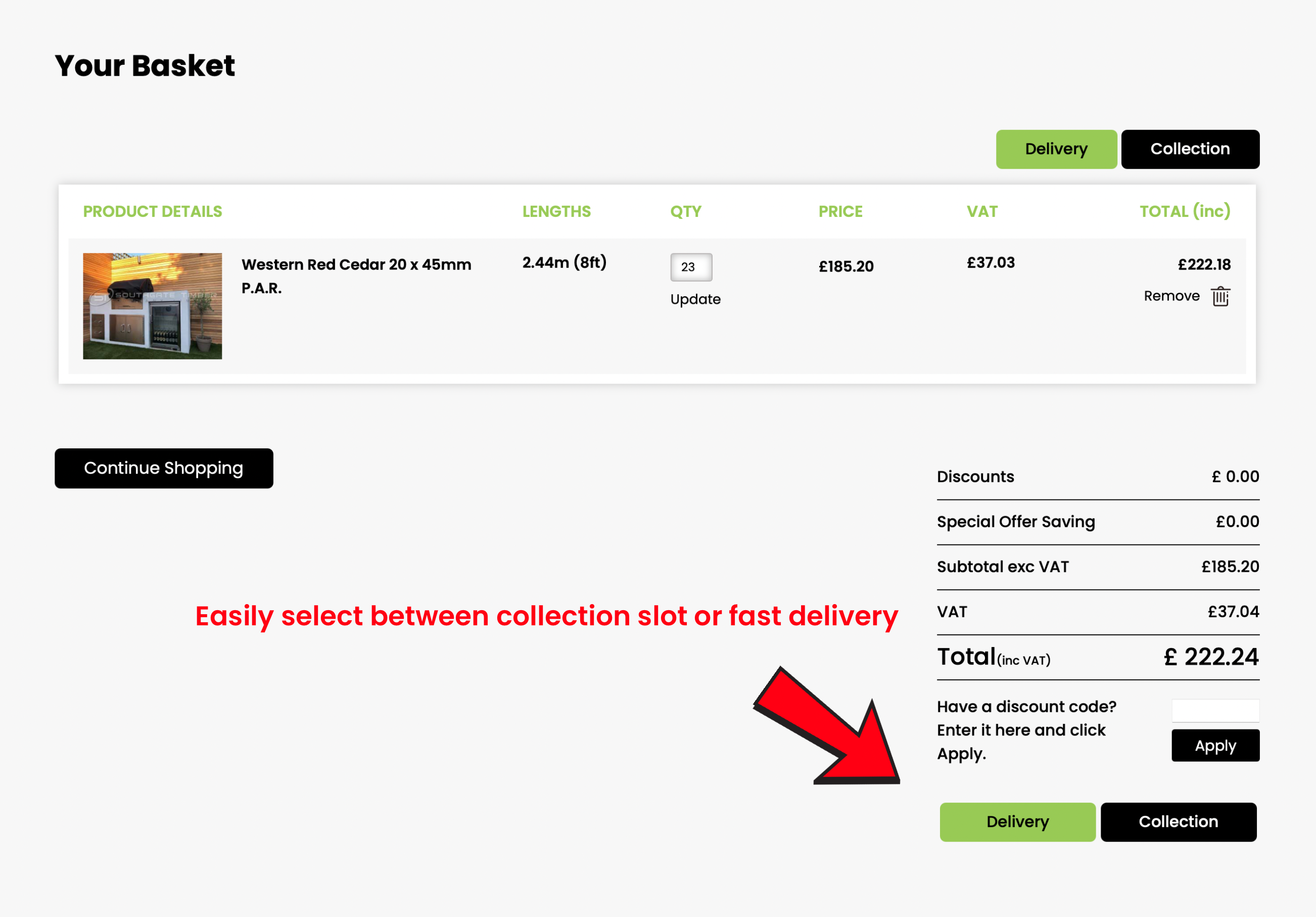 Southgate Timber online basket page showing Western Red Cedar 20 x 45mm P.A.R. selected, with option to choose fast delivery or collection, apply discount codes, and view total cost including VAT.